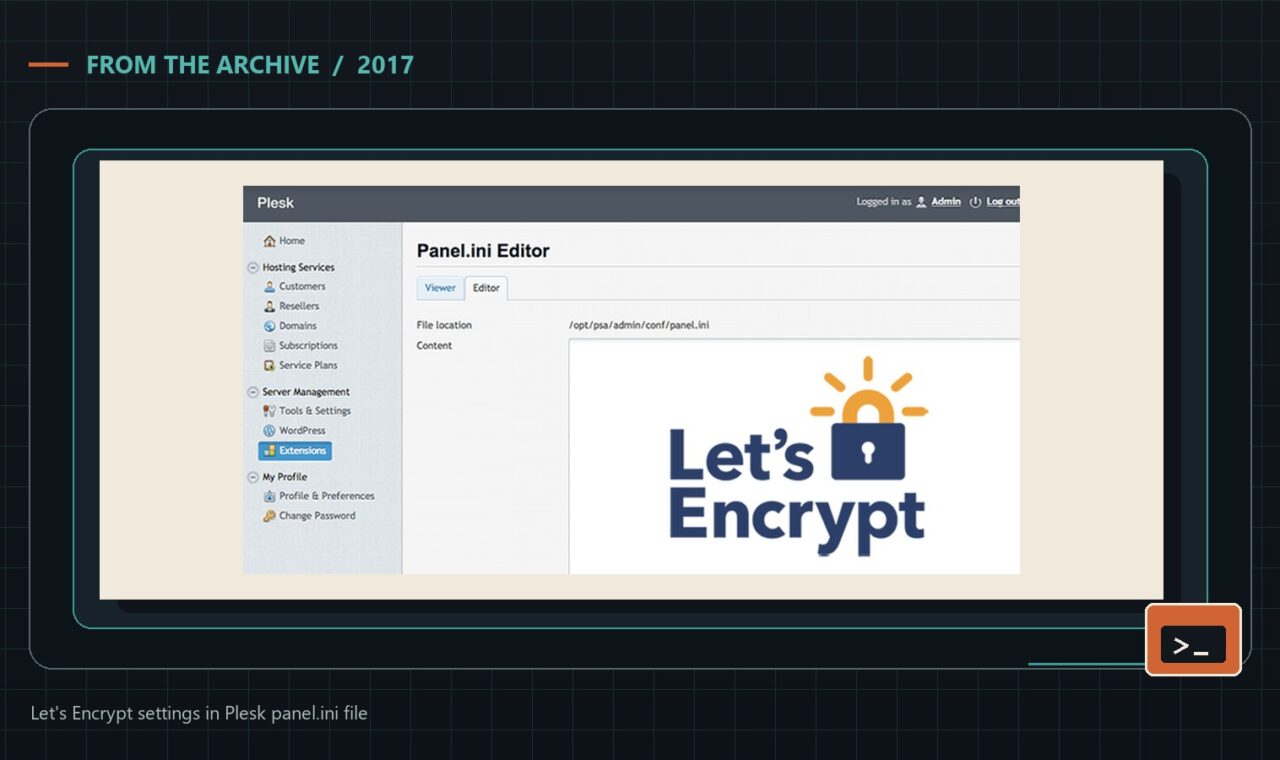 Let's Encrypt settings in Plesk panel.ini file - Bite of Tech archive header